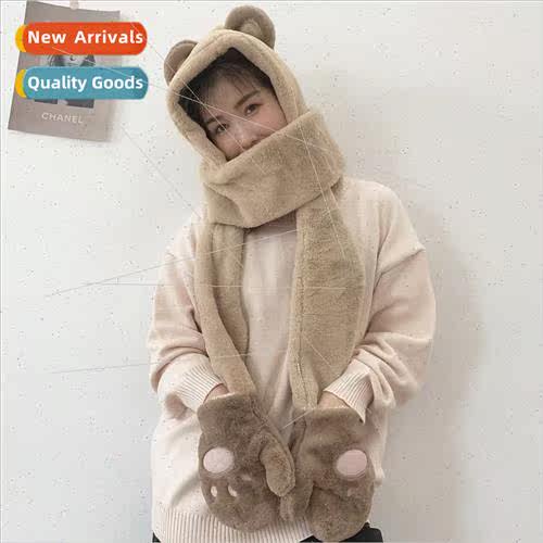 hat scarf all-in-one gloves three-piece female winter hooded
