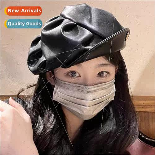 new pleated pu leather beret female versatile black show fac
