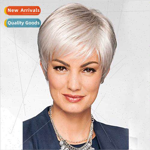 Europe wig short hair female middle-aged silver gray