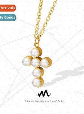 French Faux Pearl Cross Pendant Necklace che Fashion Hundred