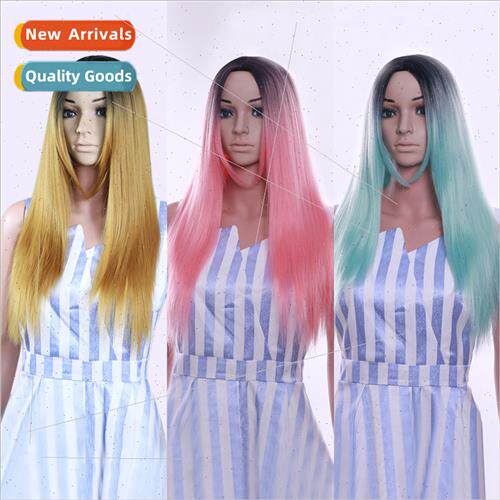 Wig female long hair Europe gradient color realistic high te