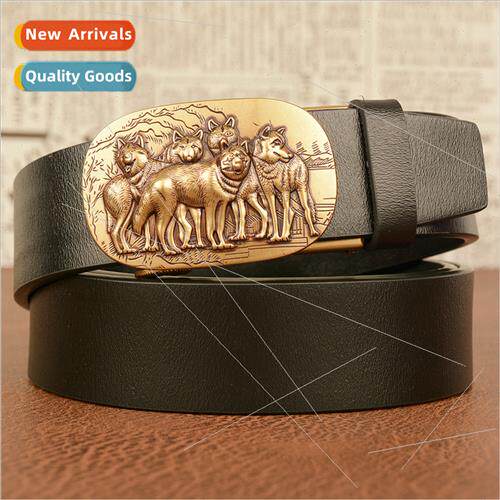 Business men automatic buckle cowhide leather belt wolf head