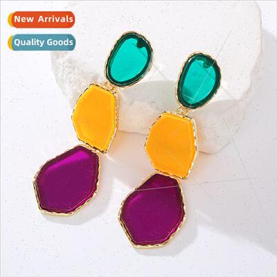 Europe earrings female multi-layer alloy inlaid resin geomet