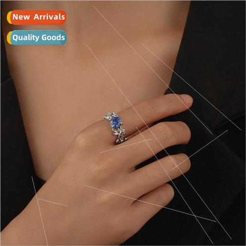 Fashion mple Round Sapphire Leaf Ring Diamond Hollowed Finge
