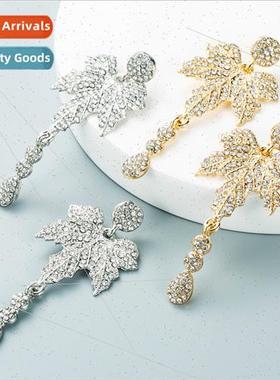 Korean alloy full diamond maple leaves tassel long earrings