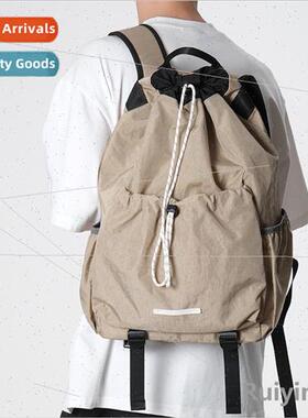 Drawstring retro shoulder bag men nylon schoolbag men women