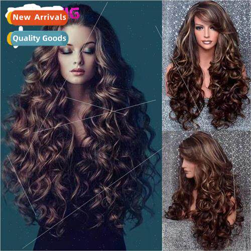 Europe women long curly hair synthetic fluffy brown wig