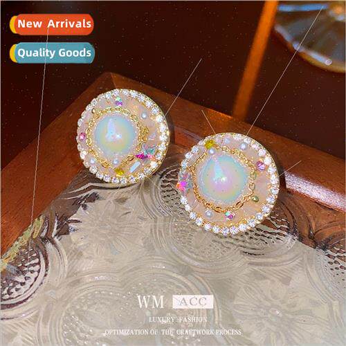 lver pin wh diamond mermaid girl pearl round earrings Elegan