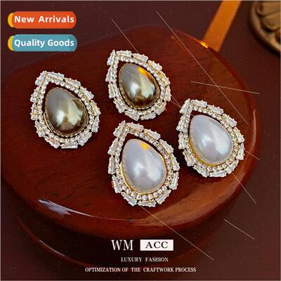 lver needle zirconia hollowed out water drop pearl earrings