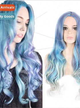 Europe cos color wig women medium parted big wave blue gray