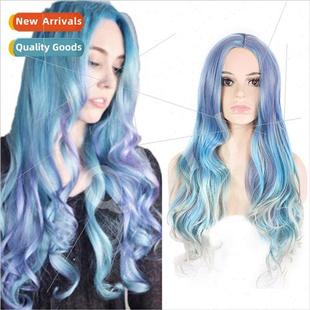 Europe cos color wig women medium parted big wave blue gray