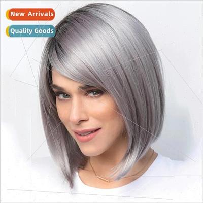 Women Short Wrap Face Student Wigs Gray Parted Brown Mechani