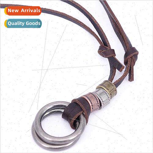 Europe Circle Pendant Cowhide Necklace Leather Strap Jewelry
