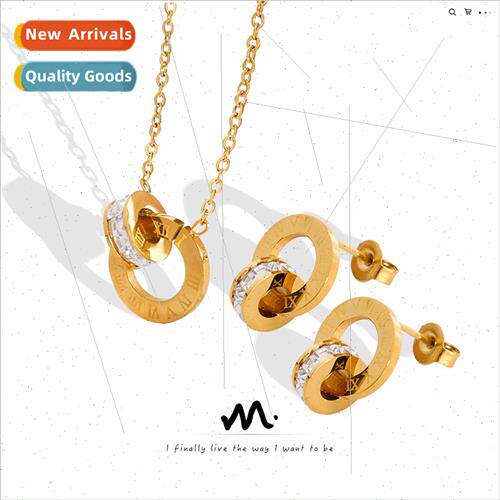 Europe tide Roman wh diamonds double ring earrings necklace