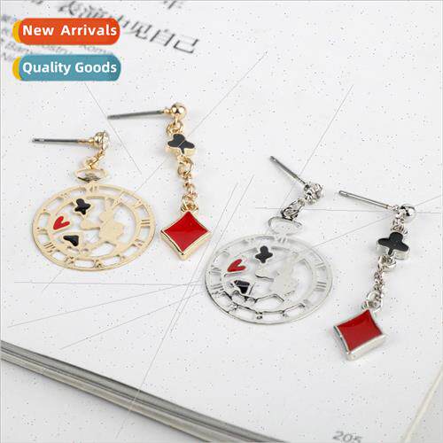 Japanese Alice in Wonderland rabb playing card clock earring