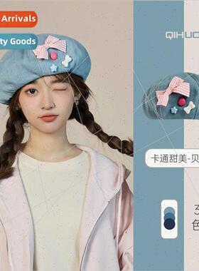 Alphabet bow cowboy beret female  spring fall cute Korean  f