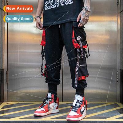 Guochao set hiphop webbing haren drawstring pants men ins hi