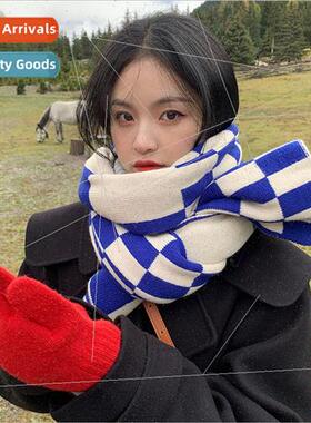 New color blocking plaid scarf female winter Korean  niche h