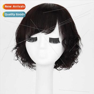 women real hair wig natural black parted short pear perm mec