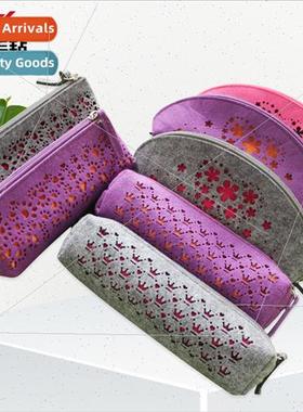 Solid color hollow carved large capacy storage felt pen bag