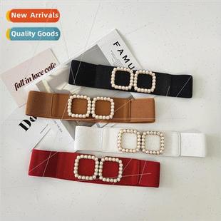 belt female retro Square narrow wide elastic vers pearl