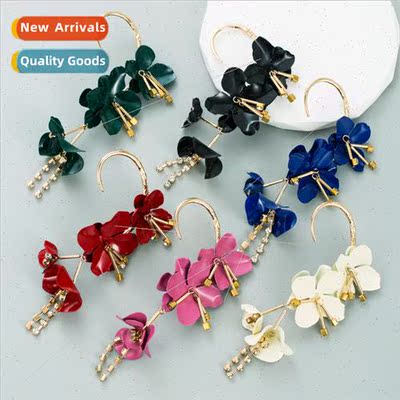 Europe new multi-layer alloy lacquer flowers tassel earrings