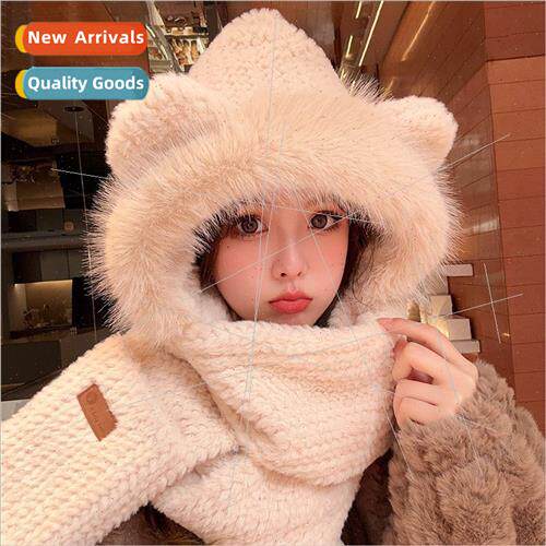 Cute bear ears plush hat scarf all-in-one womens fall and wi