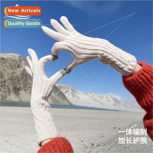 Winter warm anti-cold long jacquard knted gloves ladies touc