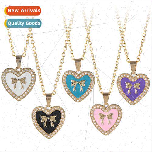New heart wh diamonds bow necklace fashion inlaid pearl hear