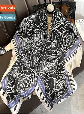 Black rose spring fall  thin simulation silk scarf shawl fem