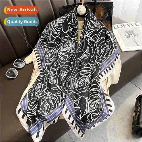 Black rose spring fall  thin simulation silk scarf shawl fem