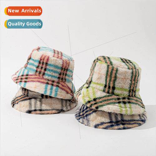 Plaid striped plush fisherman hat men women autumn winter ne