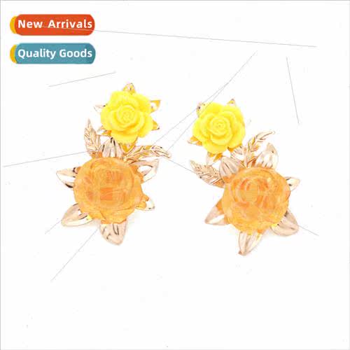 retro three-dimensional alloy resin flower earrings temperam