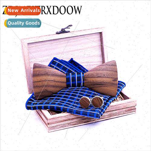 3D Geometric Embossed Black Walnut Bow Tie Set Plaid  Fashio