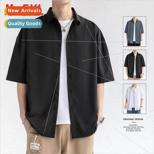 Draped ice silk short-sleeved shirt men summer loose thin wh