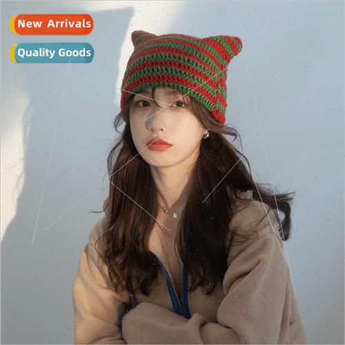 Japanese ins imp striped knted wool cap children cat ears cu