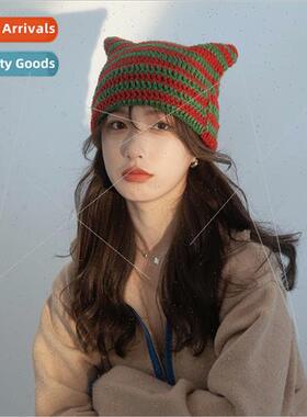 Japanese ins imp striped knted wool cap children cat ears cu
