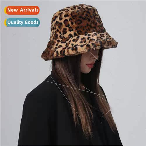 Super thick plush leopard plush bucket hat female fall winte