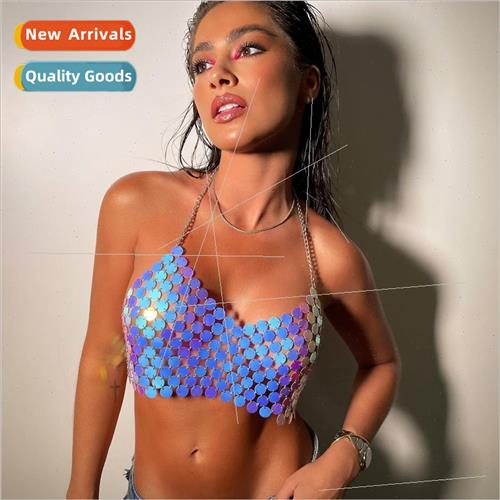 360004Europevest sexy blue flake round sequins splicing neck