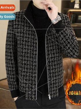 Autumn winter tweed coat men Korean Slim plaid cotton thicke