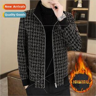 Autumn winter tweed coat men Korean Slim plaid cotton thicke