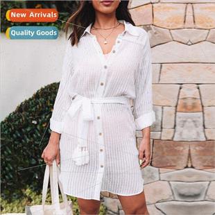 women new tie beach vac dress smock color Europe solid