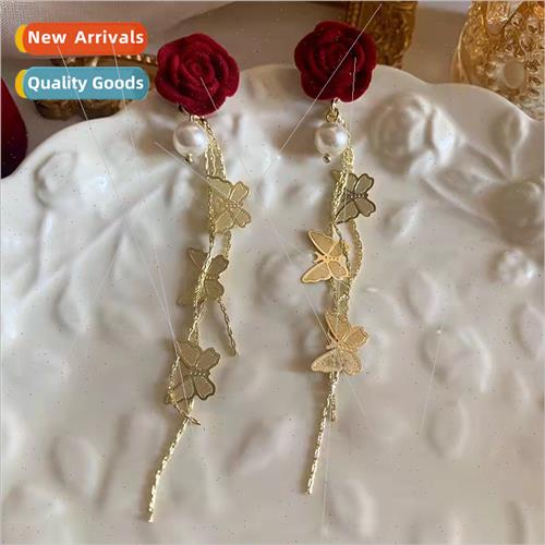 French long handmade velvet red rose court butterfly HK retr