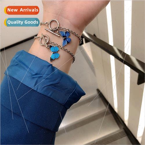 Small Korea blue butterfly one word buckle bracelet ins towa