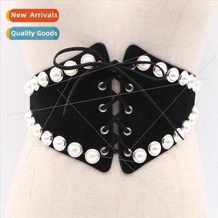 inlaid tie seal versatile waist pearl elastic Fashion bow