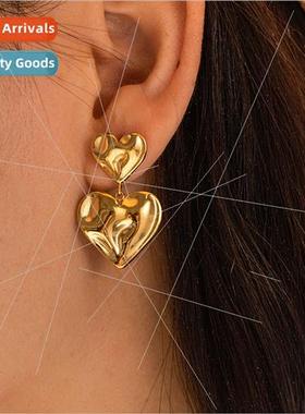 Irregular Pleated Textured Double Heart Earrings Women INS c