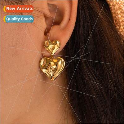 Irregular Pleated Textured Double Heart Earrings Women INS c