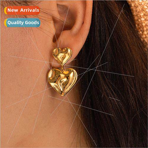 Irregular Pleated Textured Double Heart Earrings Women INS c
