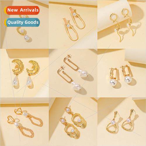 Ins new simple irregular shape metal earrings pearl earrings