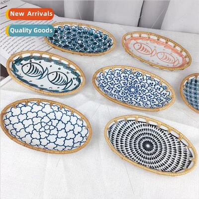 Vietnam rattan ceramic combination oval snack fru plate snac